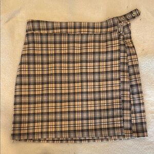 Plaid Wrap Mini Skirt in Beige and Black